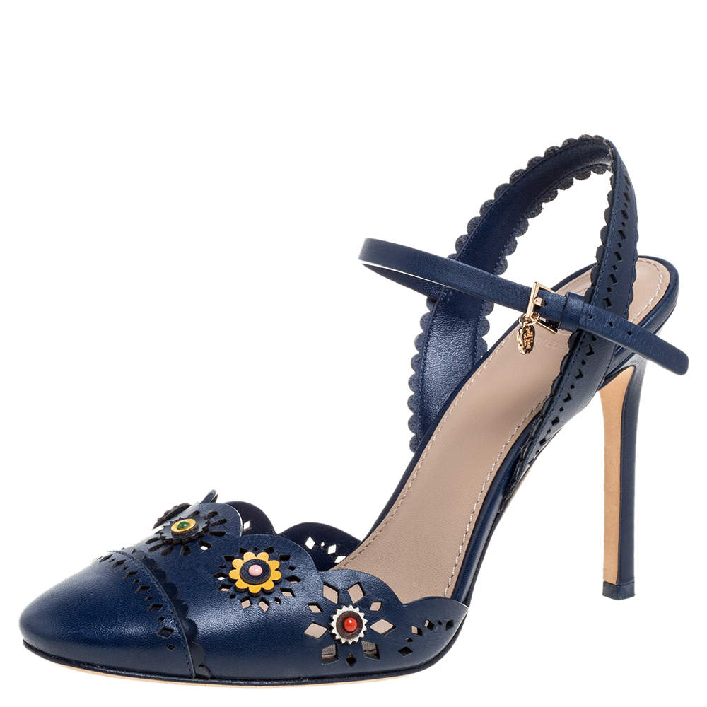 Tory Burch Blue Leather Floral Appliquéd Scalloped Marguerite Sandals Size   Tory Burch | TLC