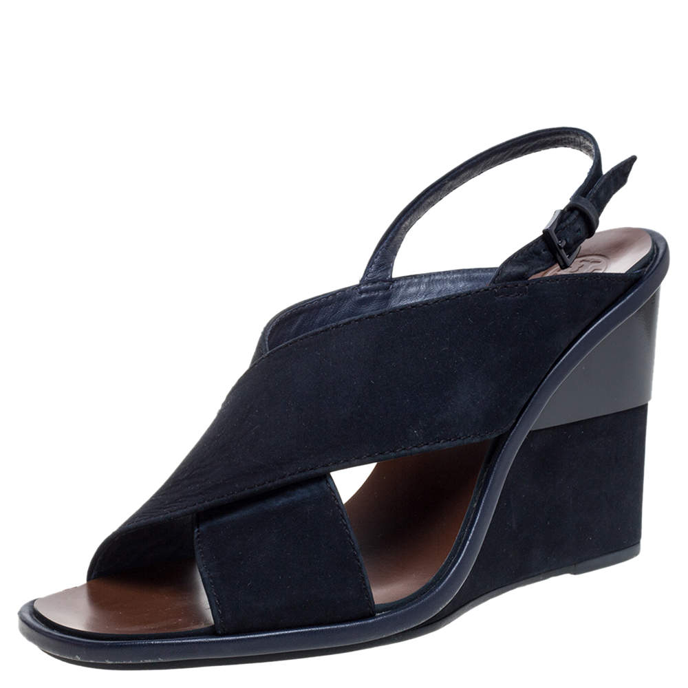 مملوكة مسبقًا Tory Burch Navy Blue Suede Gabrielle Slingback Wedge Sandals Size 38.5