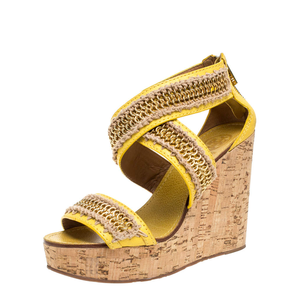 Tory Burch Yellow Leather Lucian Chain Embellished Cork Wedge Sandals Size 38
