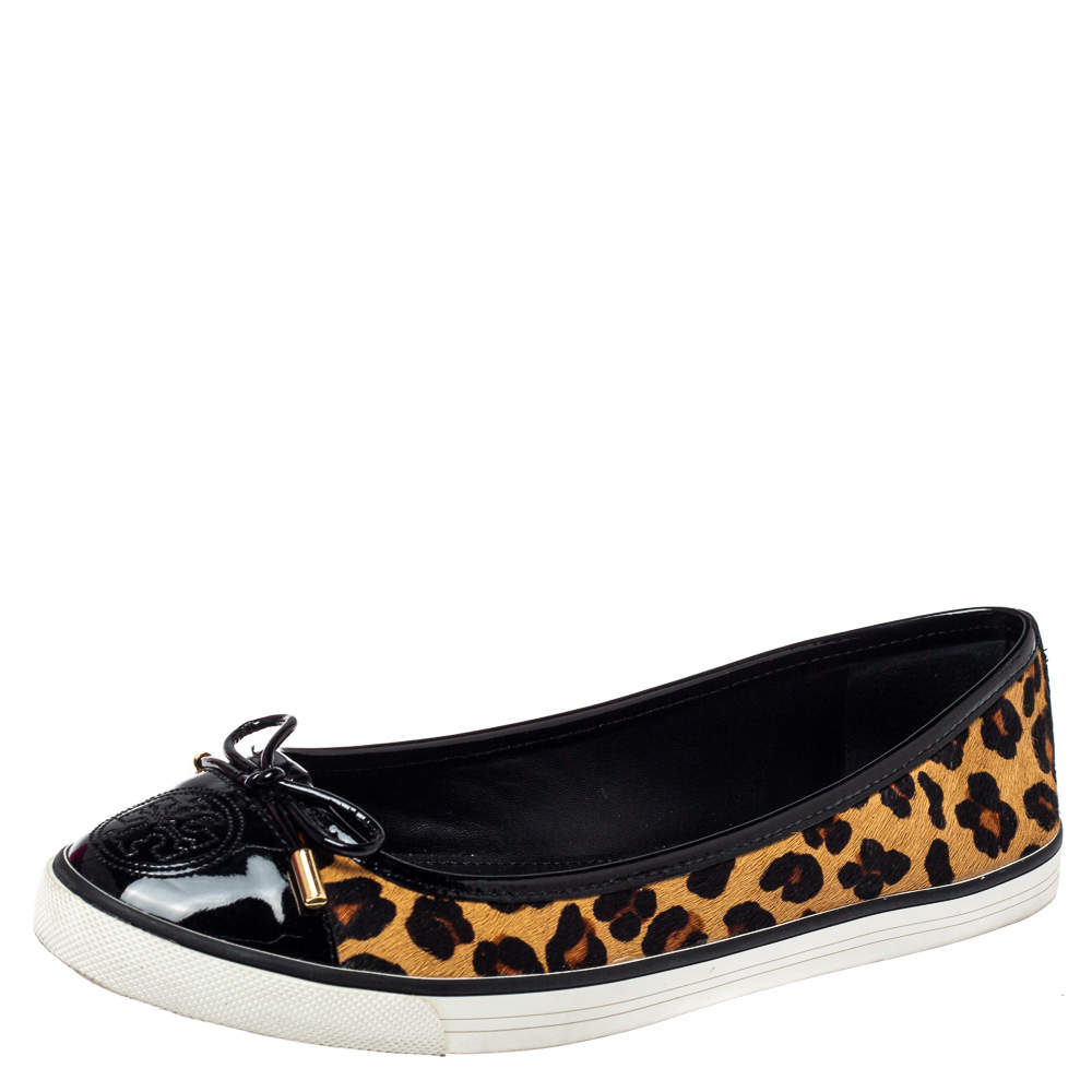Pre Owned Tory Burch Leopard Print Calf Hair And Leather Skyler Flats Size 38.5