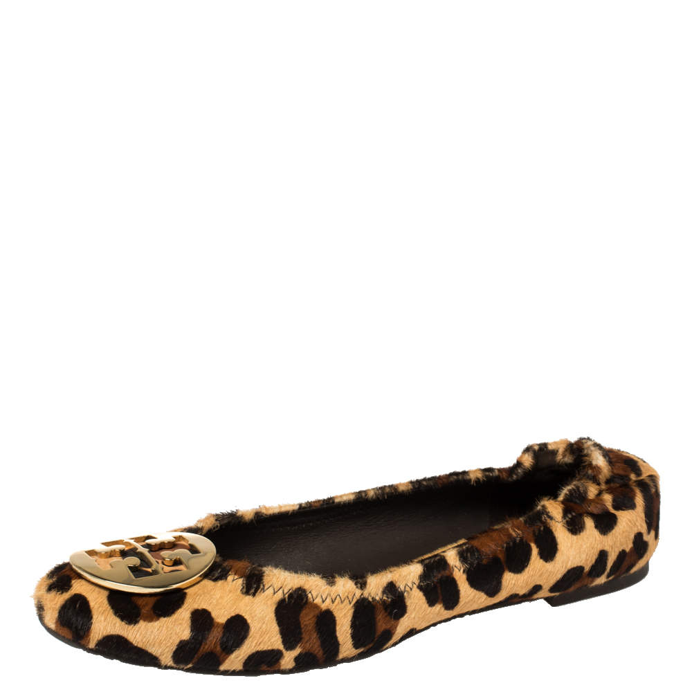 Pre Owned Tory Burch Beige Leopard Print Calf Hair Reva Ballet Flats Size 39