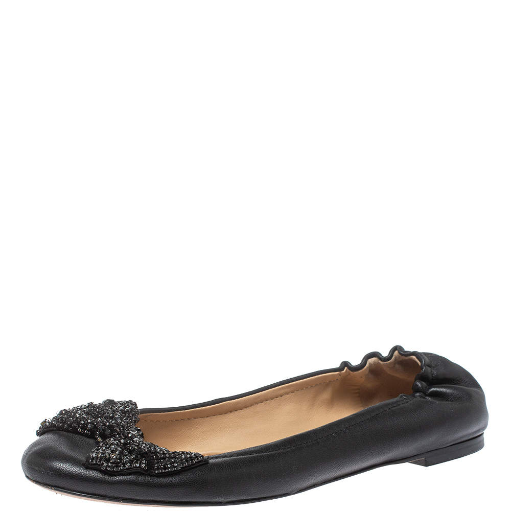 مملوكة مسبقًا Tory Burch Black Leather Azalea Scrunch Ballet Flats Size 39