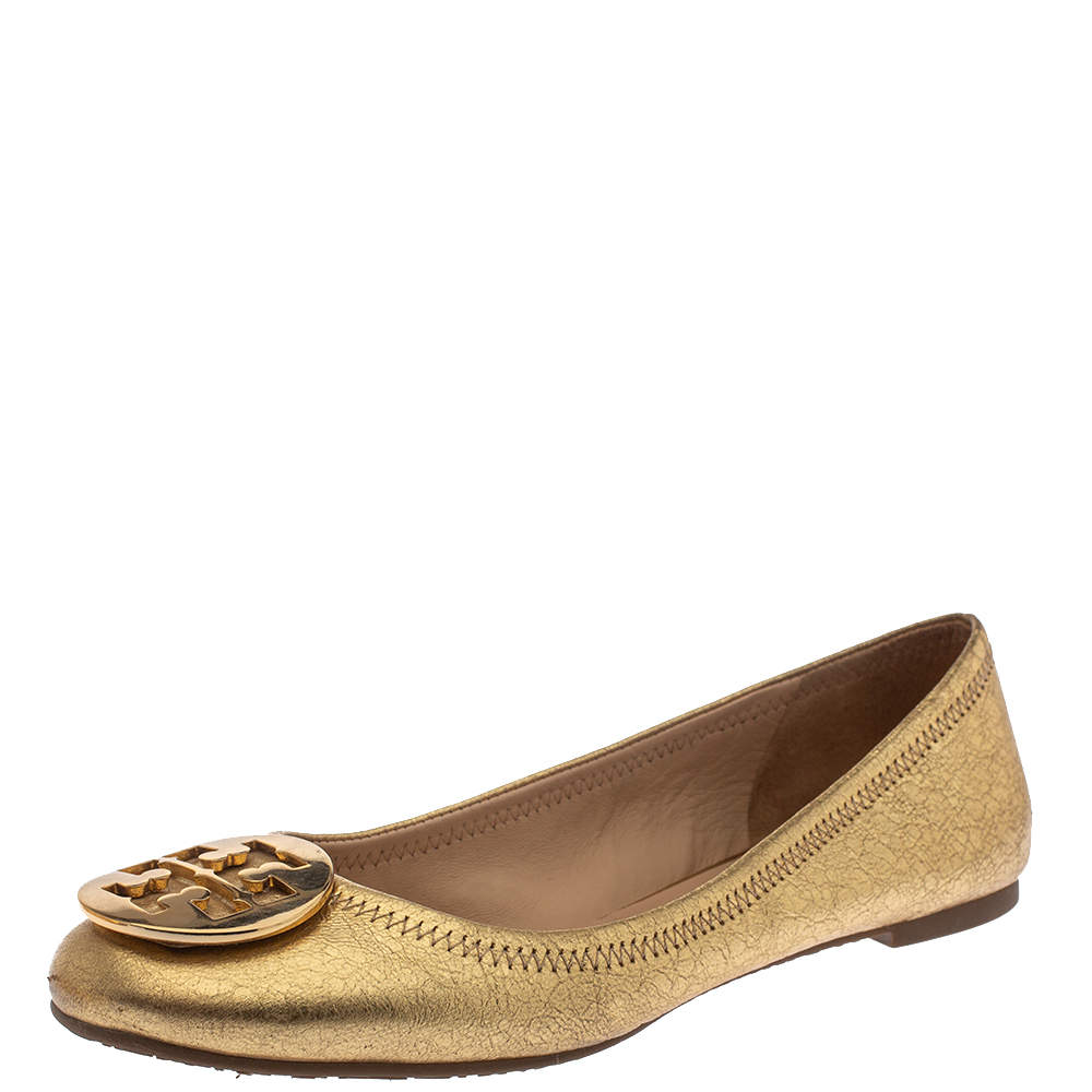 Tory Burch Gold Leather Reva Ballet Flats Size 39