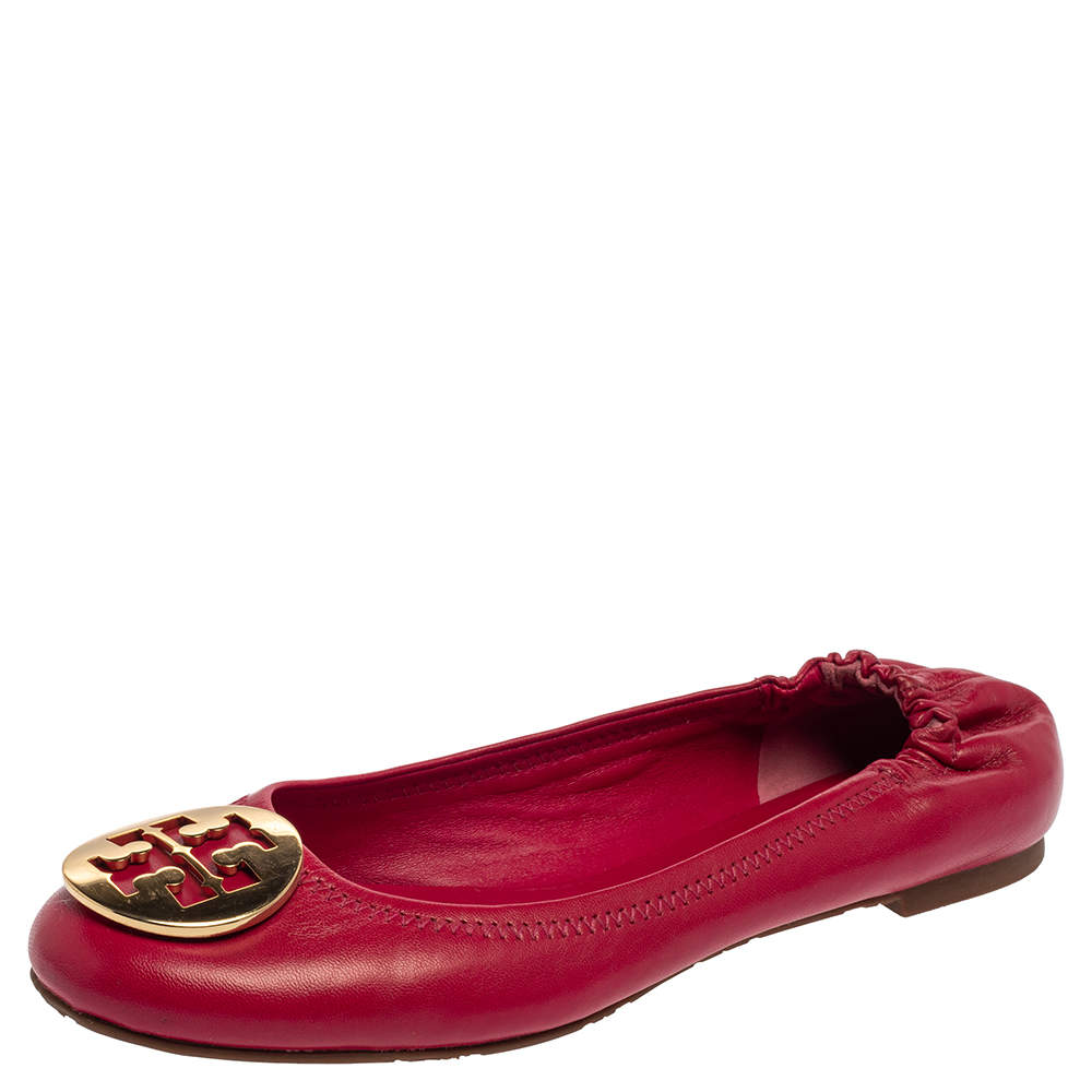 Pre Owned Tory Burch Magenta Leather Reva Scrunch Ballet Flats Size 38