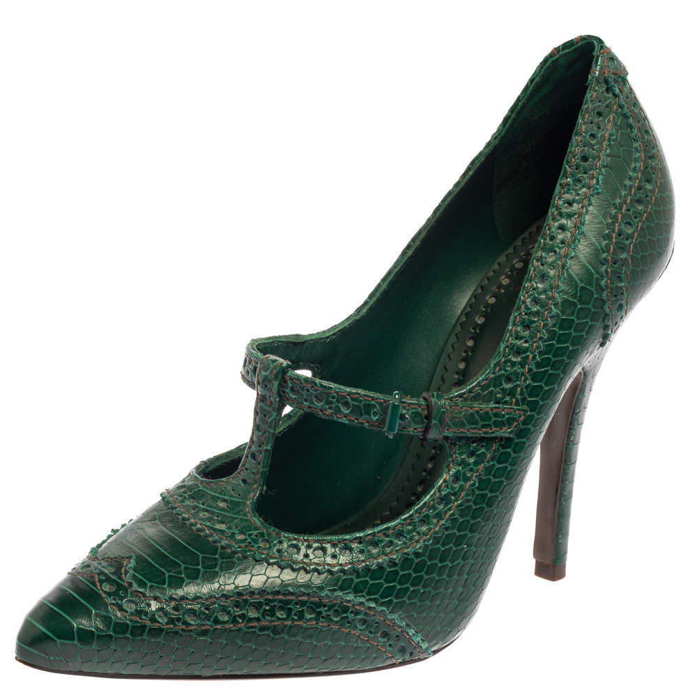 مملوكة مسبقًا Tory Burch Green Snake Embossed Leather Pumps Size 38.5