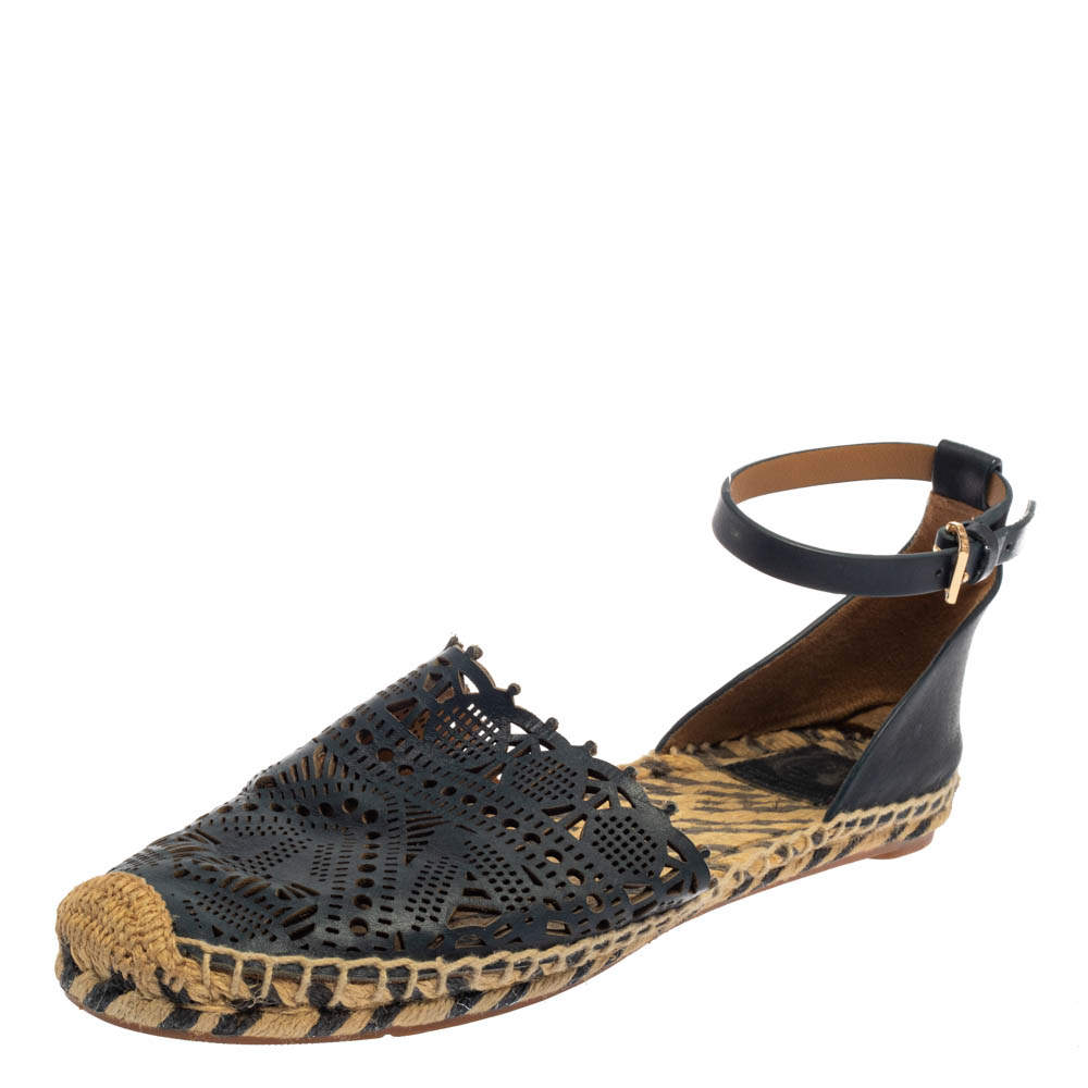 Pre Owned Tory Burch Blue Leather Ankle Strap Espadrille Size 38.5