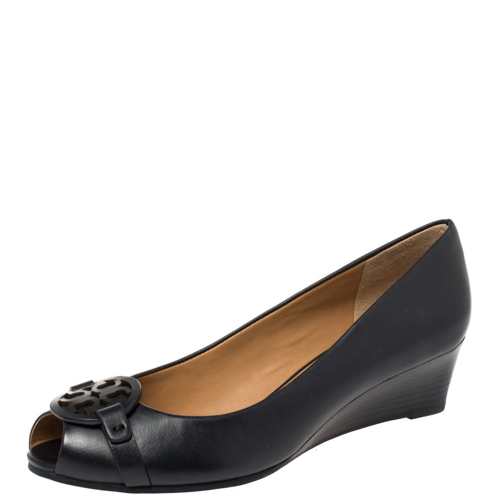 Pre Owned Tory Burch Black Leather Gabriel  Peep-Toe Wedge Pumps Size 38