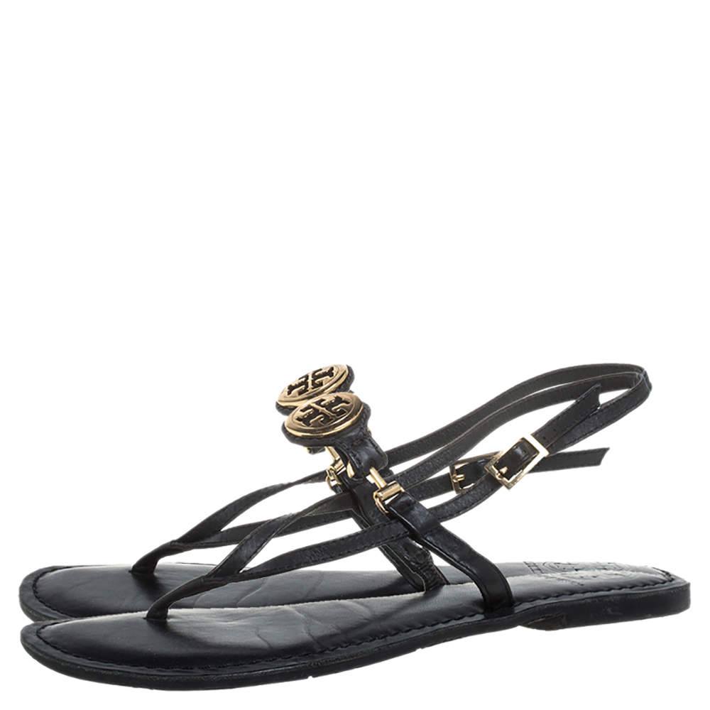 Tory Burch Black Leather Logo Embellished Flat Thong Slingback Sandals Size  37 Tory Burch | The Luxury Closet