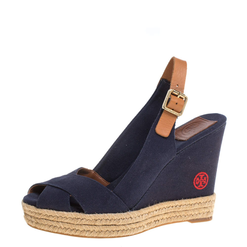 Pre Owned 37.5 حذاء إسبادريلز تورى برش كع روكى سيور متقاطعة جلد وكانفاس بنى  /أزرق مقاس 