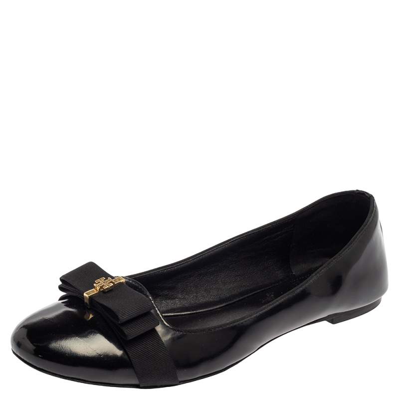 Tory Burch Black Patent Leather Trudy Bow Ballet Flats Size 39.5