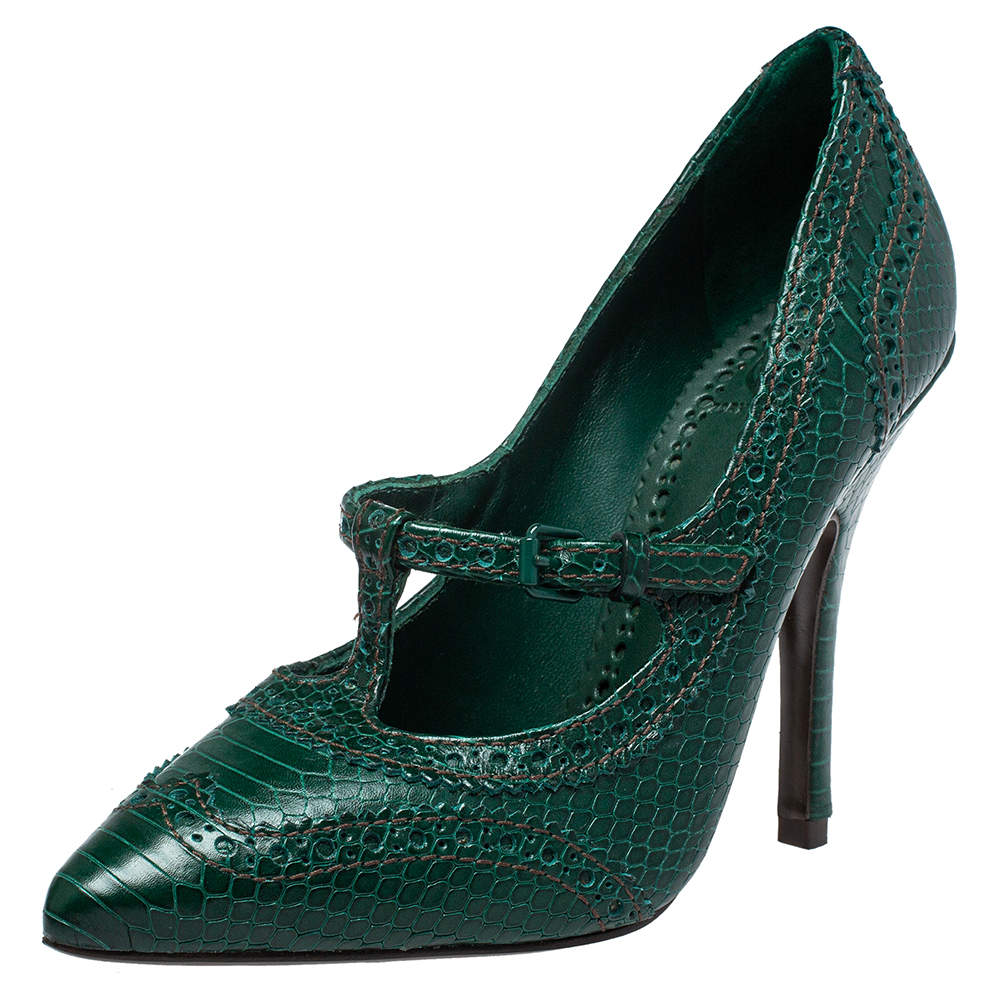 مملوكة مسبقًا Tory Burch Green Python Embossed Leather Everly Pumps Size 36