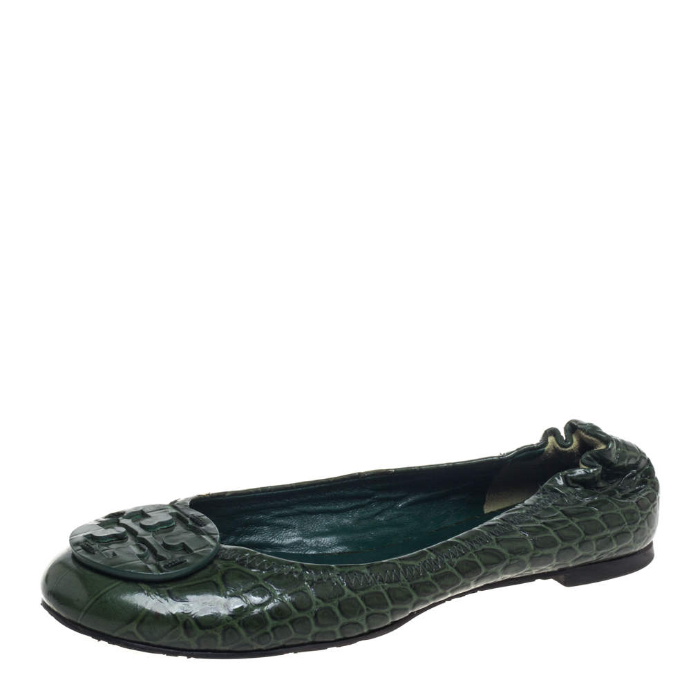 مملوكة مسبقًا Tory Burch Green Croc Embossed Leather Ballet Flats Size 38