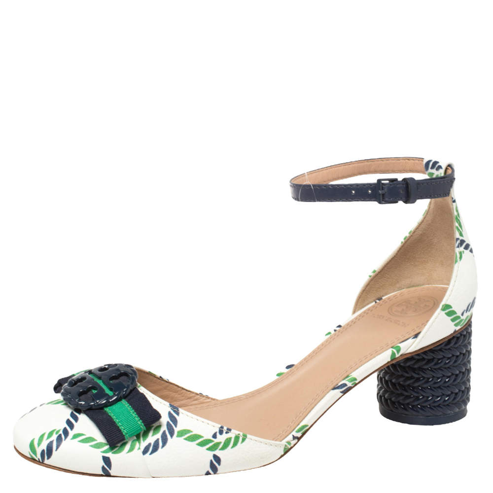 Pre Owned Tory Burch White/Blue Printed Leather Ankle Strap Sandals Size 38