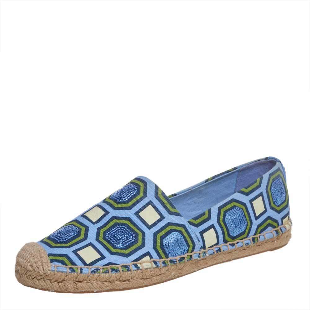 Pre Owned Tory Burch Blue/Green Canvas Espadrille Flats Size 37
