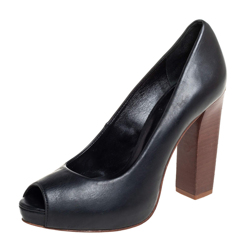 Pre Owned Tory Burch Black Leather Cantrelle Peep Toe Platform Pumps Size 37