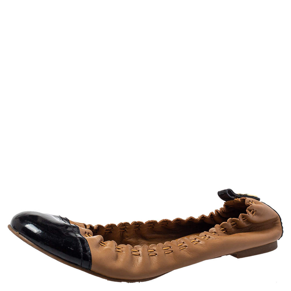 Pre Owned Tory Burch Black/Brown Leather And Patent Cap Toe Scrunch Ballet Flats Size 38