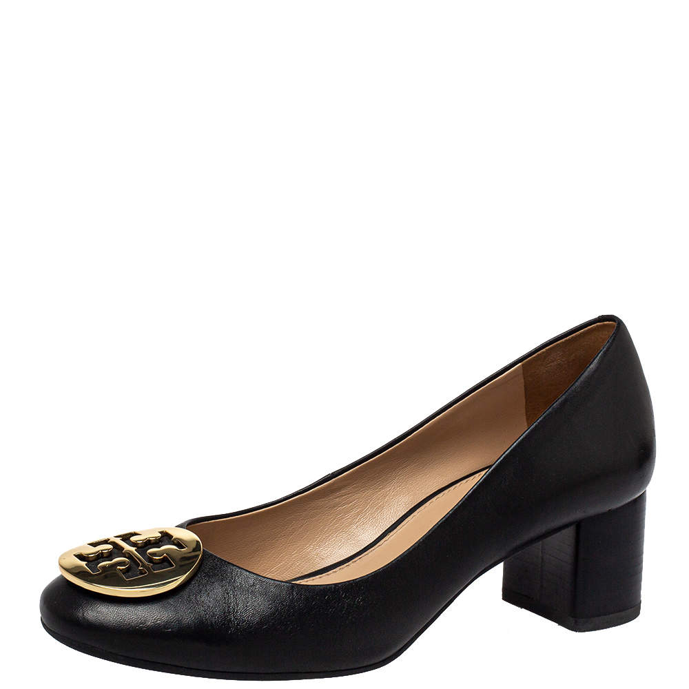 Pre Owned Tory Burch Black Leather Janey Block Heel Pumps Size 36.5