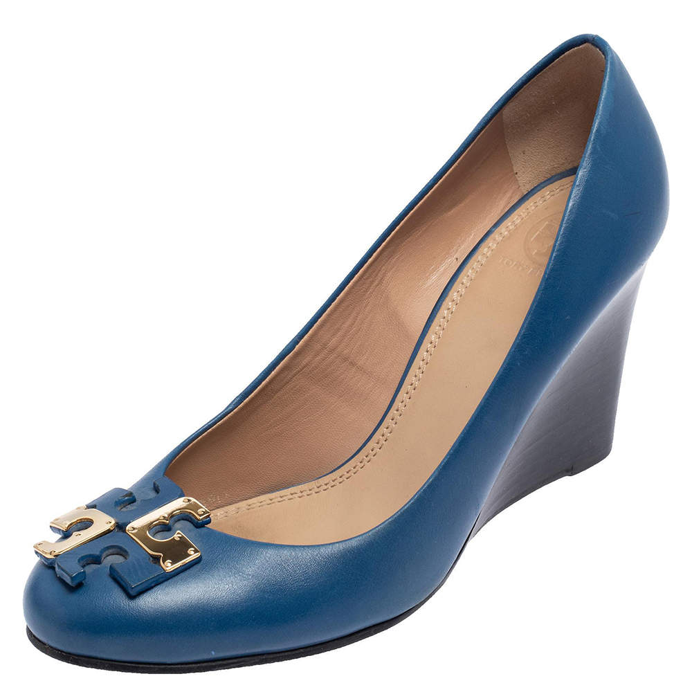 Tory Burch Blue Leather Lowell Wedge Pump Size 39