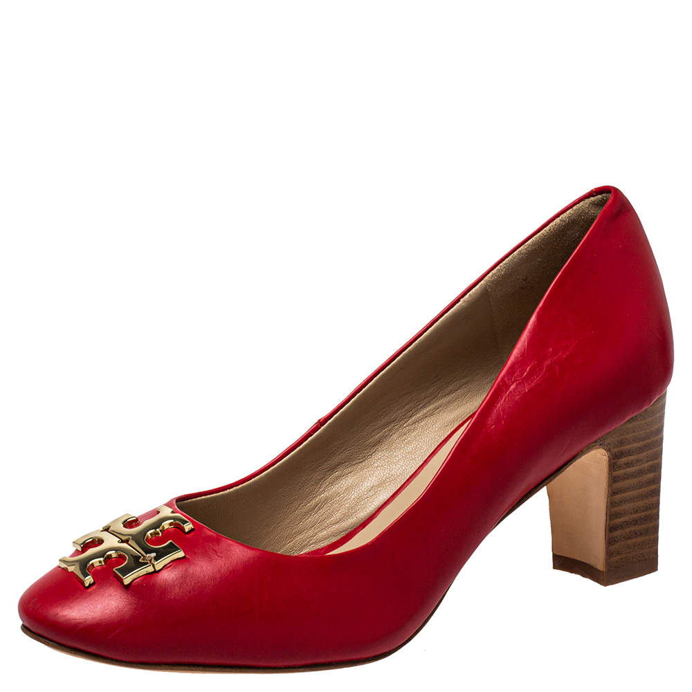 Tory Burch Red Leather T Logo Block Heel Slip On Pumps Size