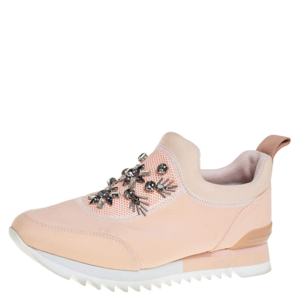 Pre Owned Tory Burch Beige Neoprene And Mesh Storm Cloud Crystal Embellished  Slip On Sneakers Size 40.5