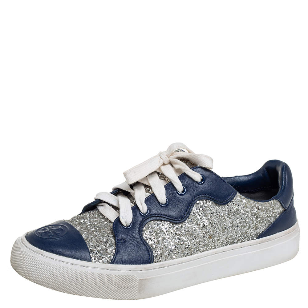Pre Owned Tory Burch Blue/Silver Leather And Glitter Milo Low Top Sneakers Size 36