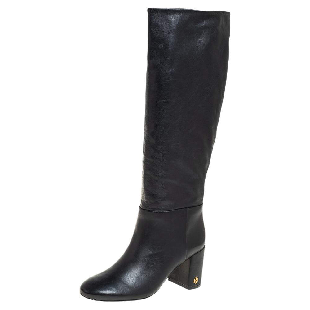 Pre Owned Tory Burch Black Leather Knee Length Boots Size 36