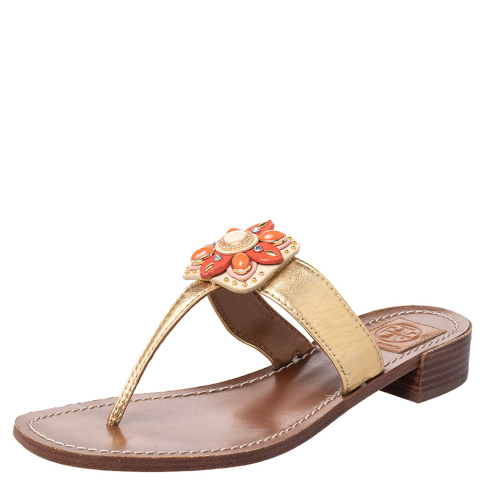 Tory Burch Gold Leather Embellished Thong Sandals Size 40