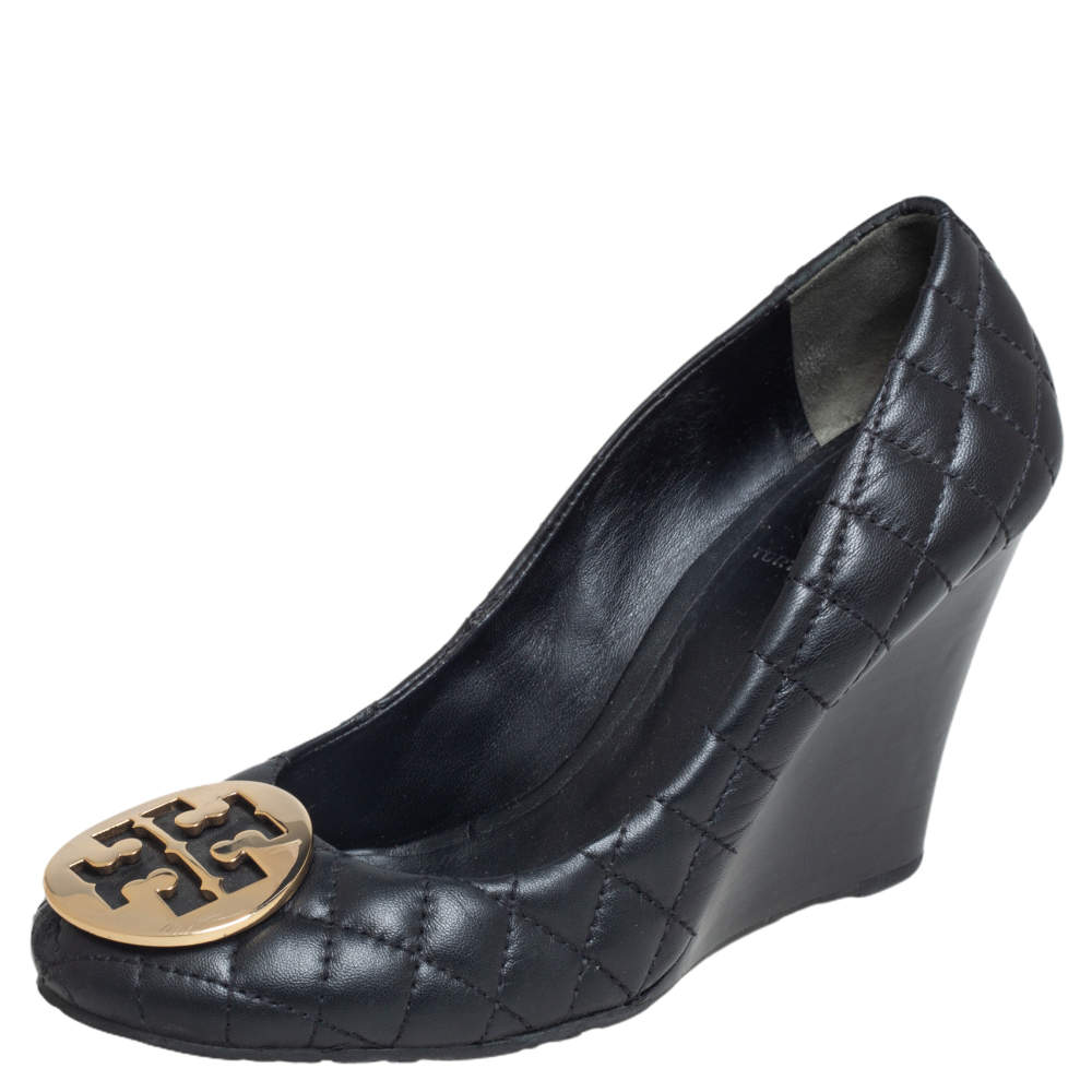 Tory Burch Black Quilted Leather Reva Wedge Pumps Size 38.5