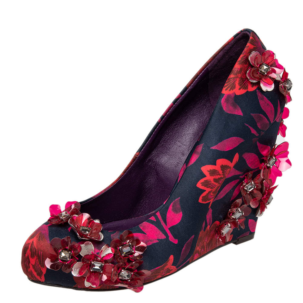 Tory Burch Red/Black Floral Print Satin Elmira Wedge Pumps Size 36.5