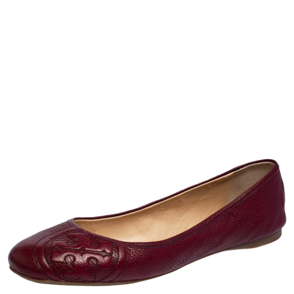 Pre Owned Tory Burch Burgundy Leather Ballet Flats Size 40