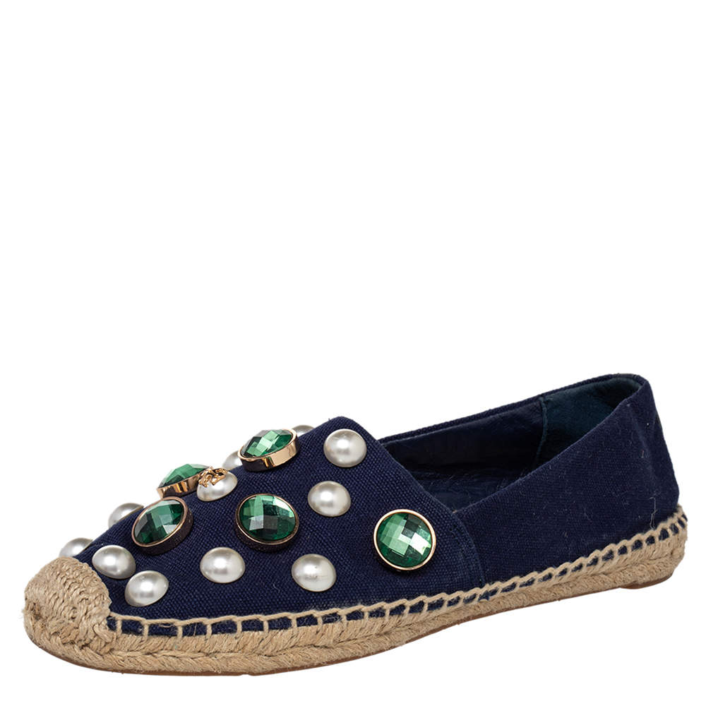 Pre Owned Tory Burch Navy Blue Canvas Vail Crystal Embellished Espadrille Flats Size 38