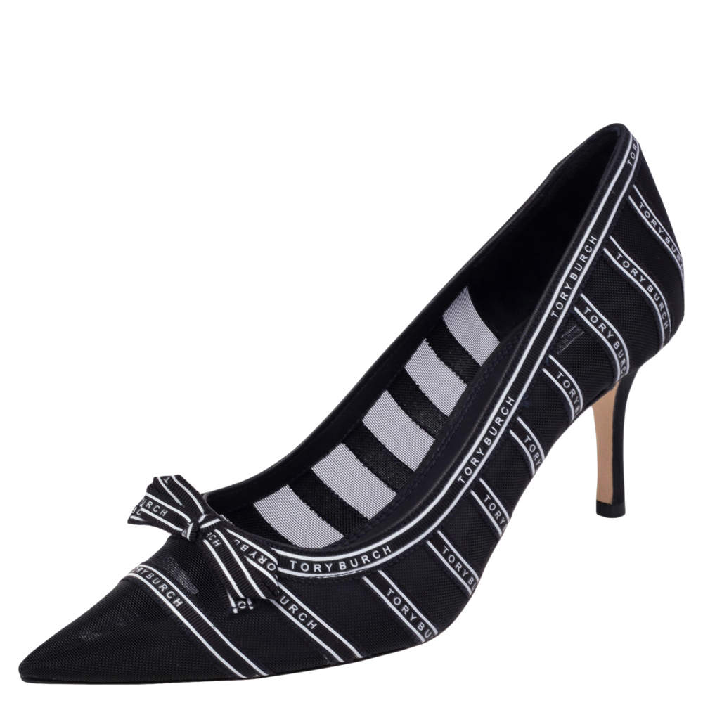 Tory Burch Black/White Mesh And Ribbon Penelope Pointed Toe Pumps Size  Tory  Burch | TLC