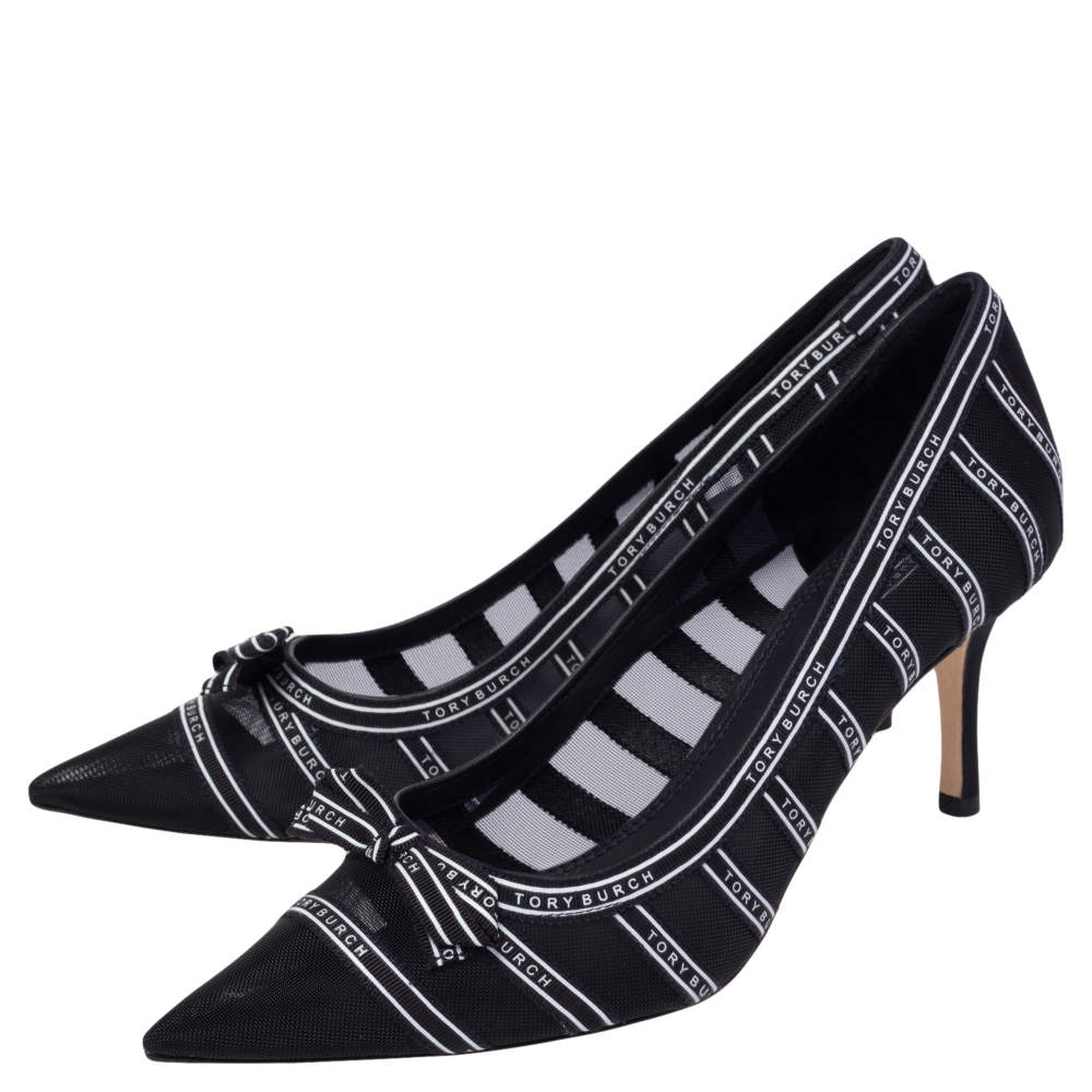 Tory Burch Black/White Mesh And Ribbon Penelope Pointed Toe Pumps Size  Tory  Burch | TLC