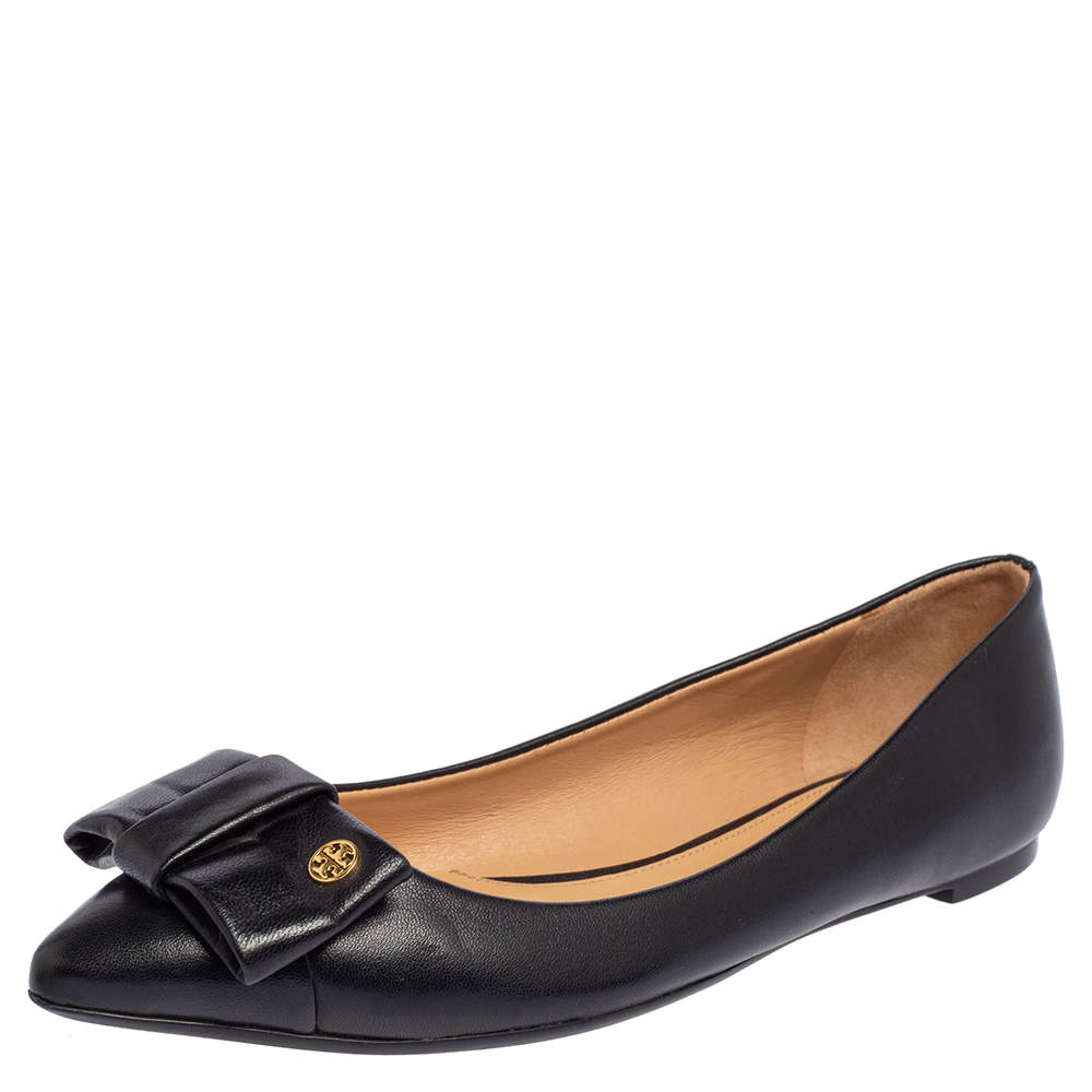 مملوكة مسبقًا Tory Burch Black Leather Bow Pointed Ballet Flats Size 38.5