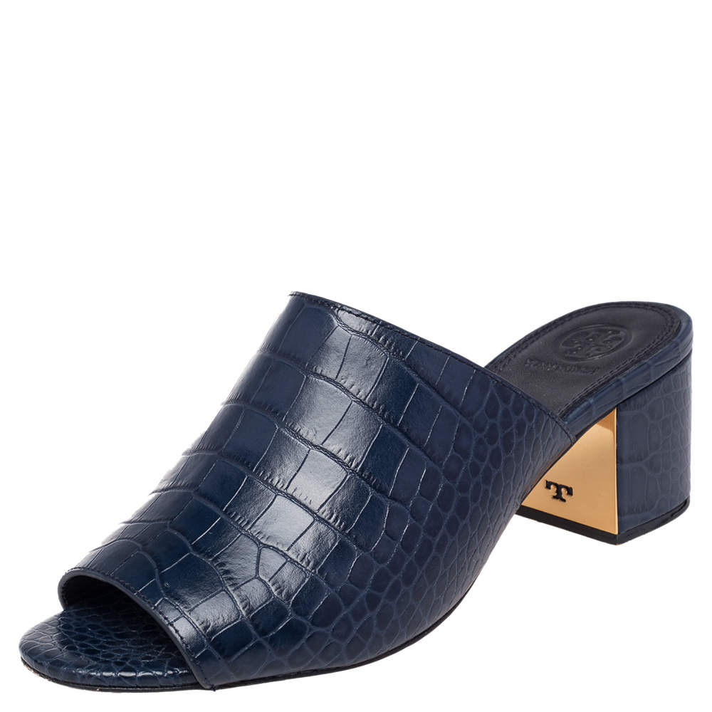 Tory Burch Blue Croc Embossed Leather Martine Block Heel Slide Sandals Size 37