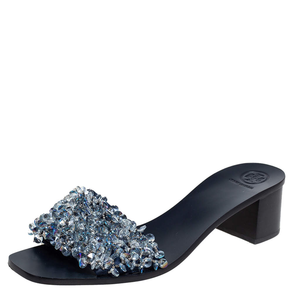 Tory Burch Navy Blue Satin Beads Embellished Block Heel Slide Sandals Size  40 Tory Burch | TLC