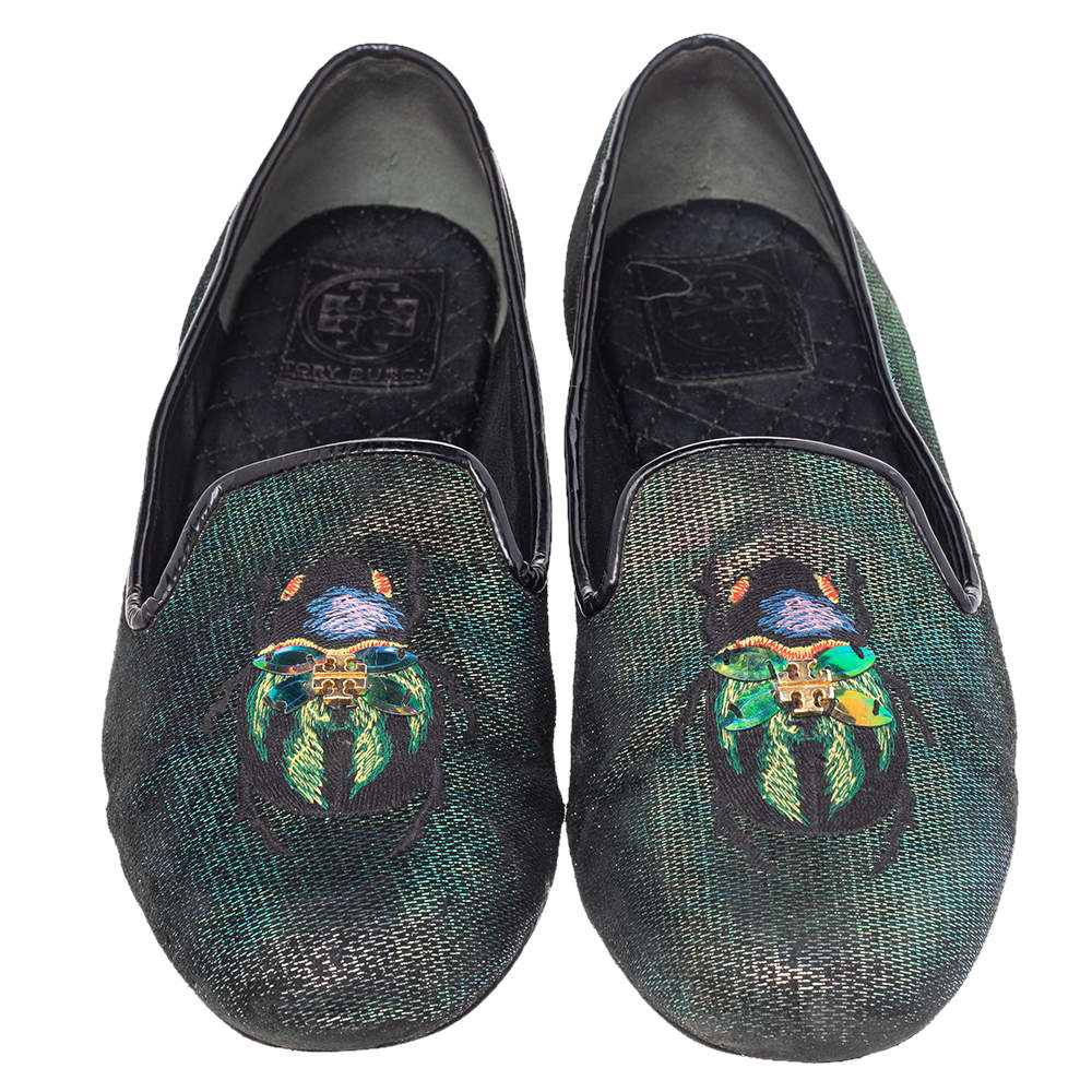 Tory Burch Multicolor Iridescent Leather Beetle Embroidered Smoking  Slippers Size  Tory Burch | TLC