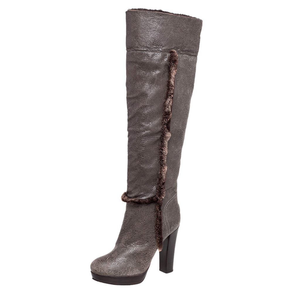 Pre Owned Tory Burch Brown Crinkled Leather and Shearling Fur Knee Length Boots Size 38.5