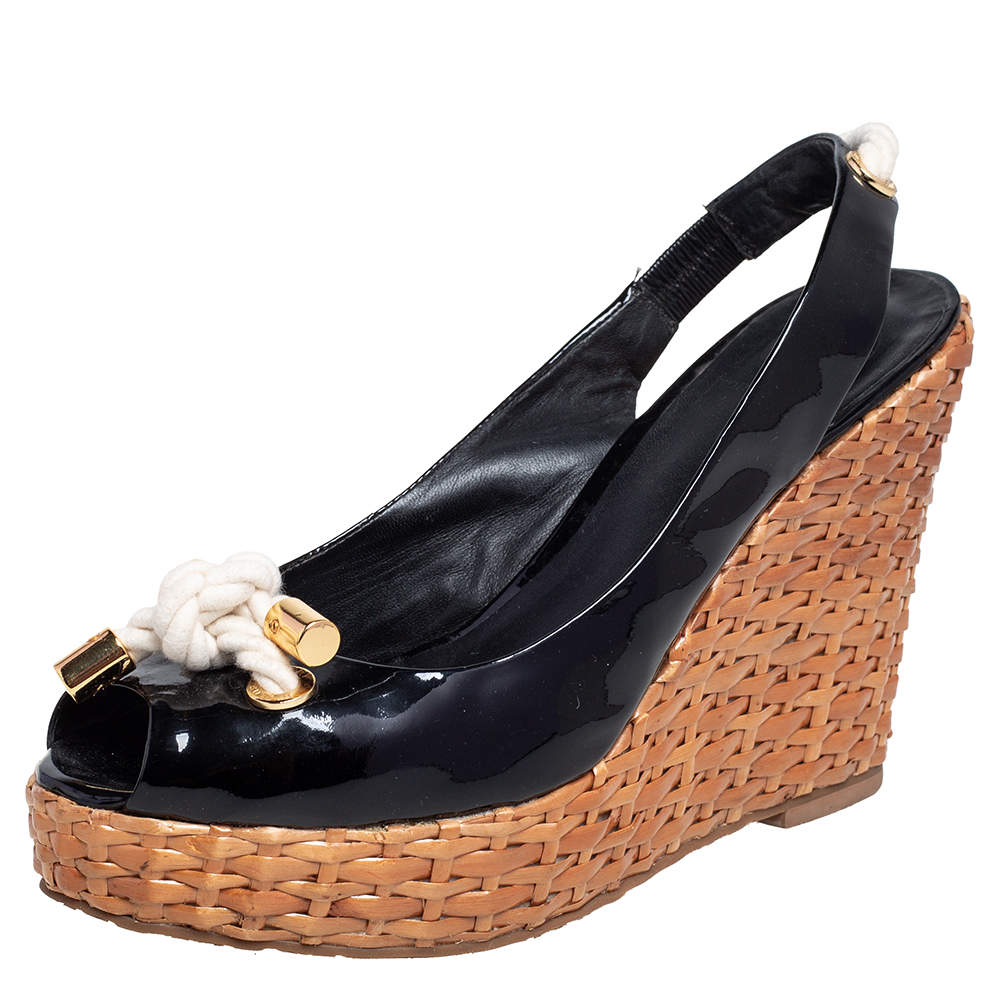 Pre Owned Tory Burch Black Patent Leather Nautical Theme Rattan Wedge Sandals Size 40