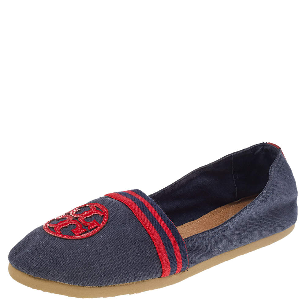 Pre Owned Tory Burch Navy Blue/Red Canvas And Patent Leather Logo Slip On Flats Size 38