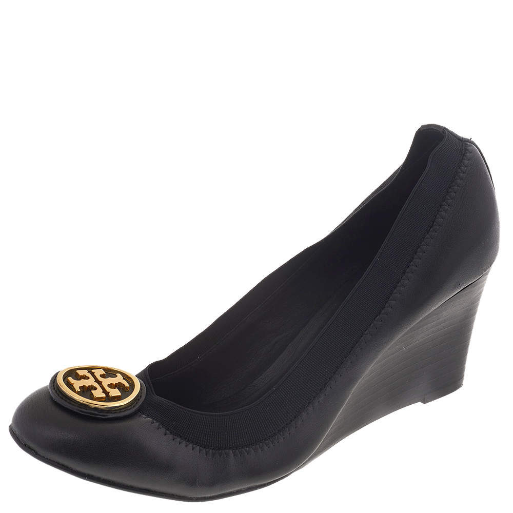 Tory Burch Black Leather Caroline Wedge Pumps Size 37.5 Tory Burch TLC