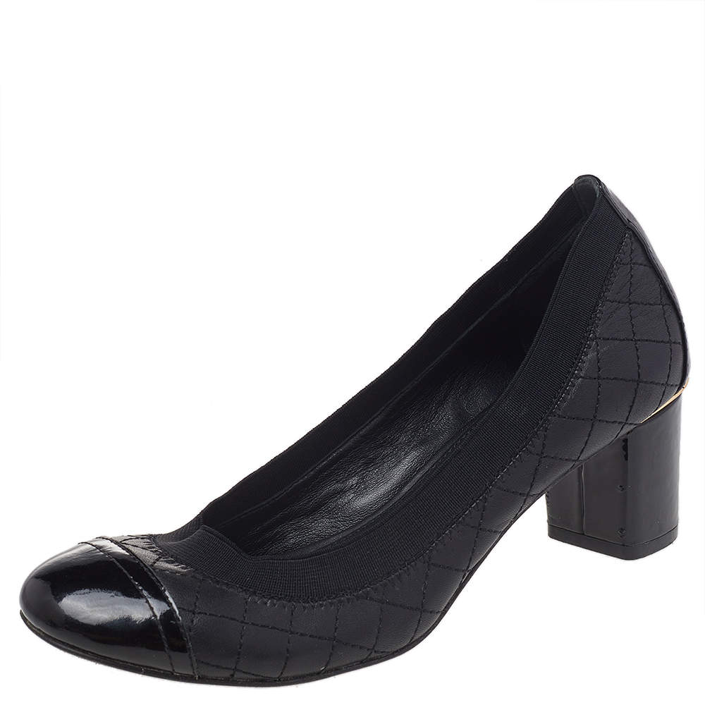 Pre Owned Tory Burch Black Patent And Quilted Leather Cap Toe Caroline Scrunch Block Heel Pumps Size 37