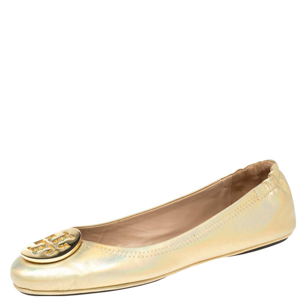 مملوكة مسبقًا Tory Burch Metallic Gold Leather Minnie Scrunch Ballet Flats Size 37.5