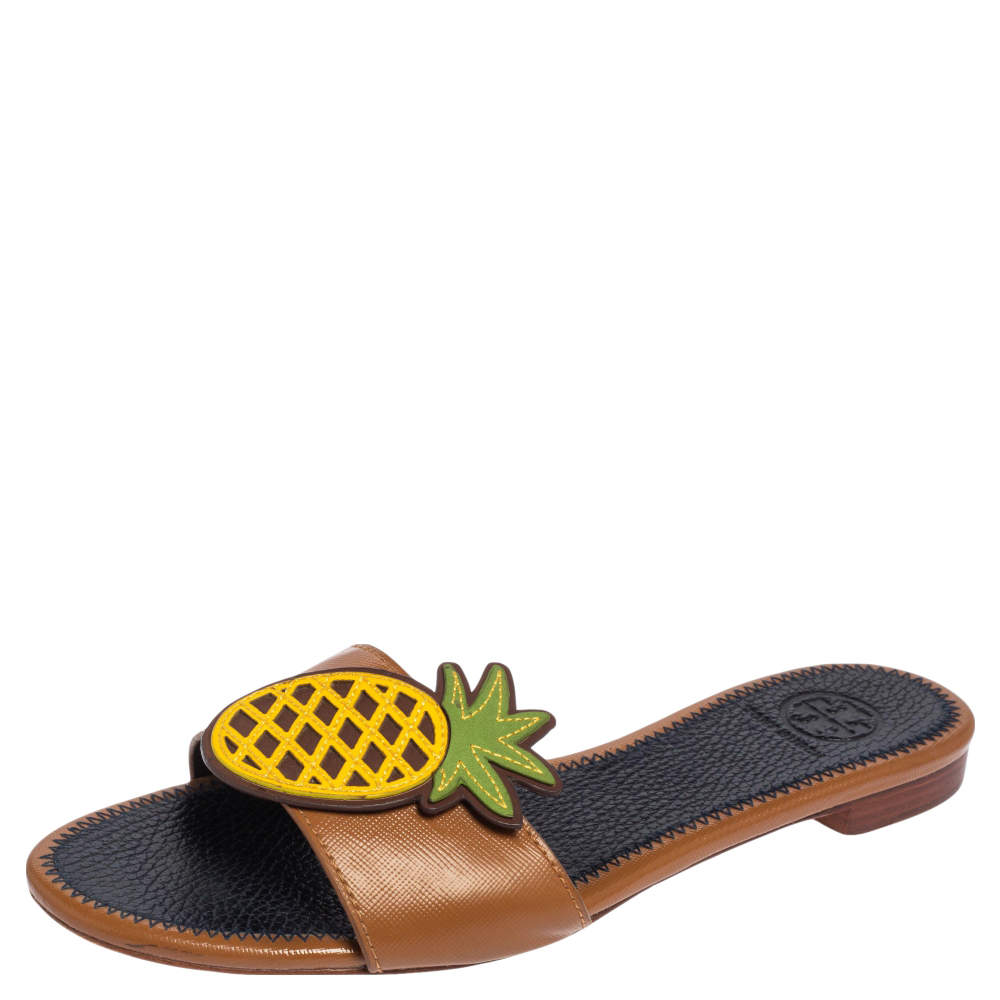 Pre Owned Tory Burch Brown Leather Pineapple Applique Slide Flat Sandals Size 37