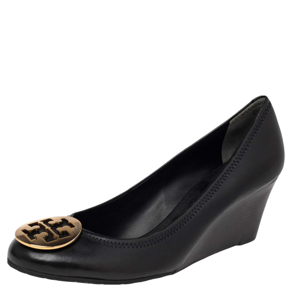 Tory Burch Black Leather Wedge Pumps Size 41