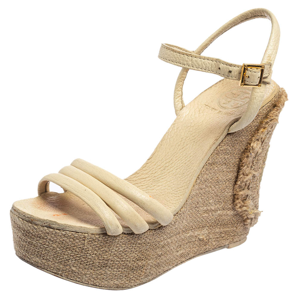 Pre Owned Tory Burch Cream Leather Wedge Slingback Sandals Size 36