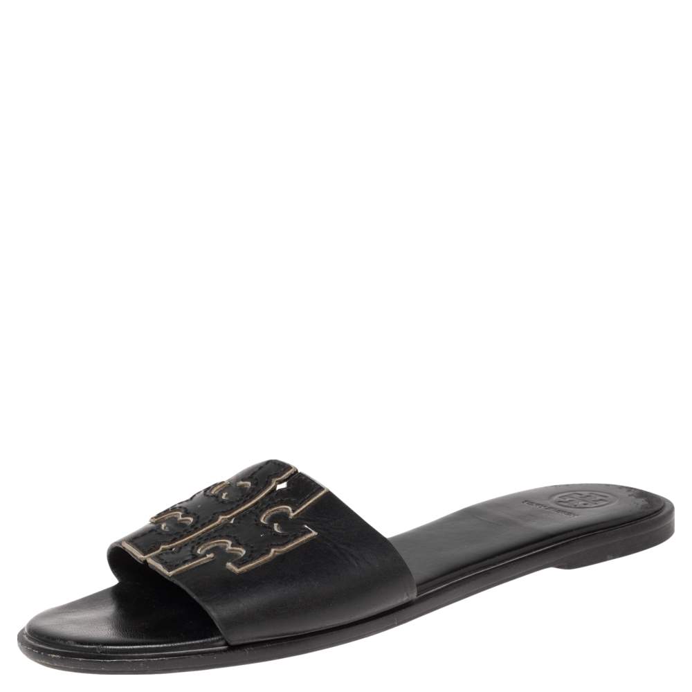 مملوكة مسبقًا Tory Burch Black Leather Double T Slide Flat Sandals Size 36.5
