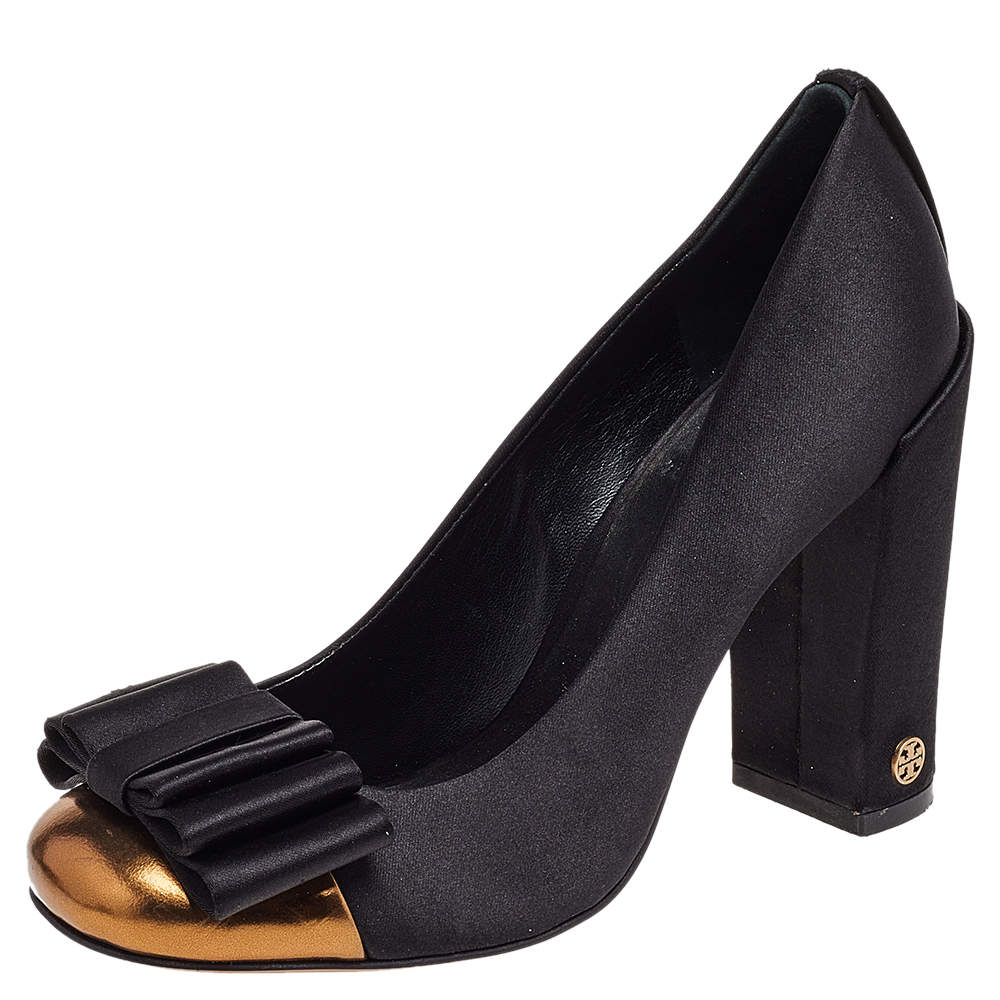 Tory Burch Black/Gold Satin And Leather Bow Block Heel Pumps SIze 37