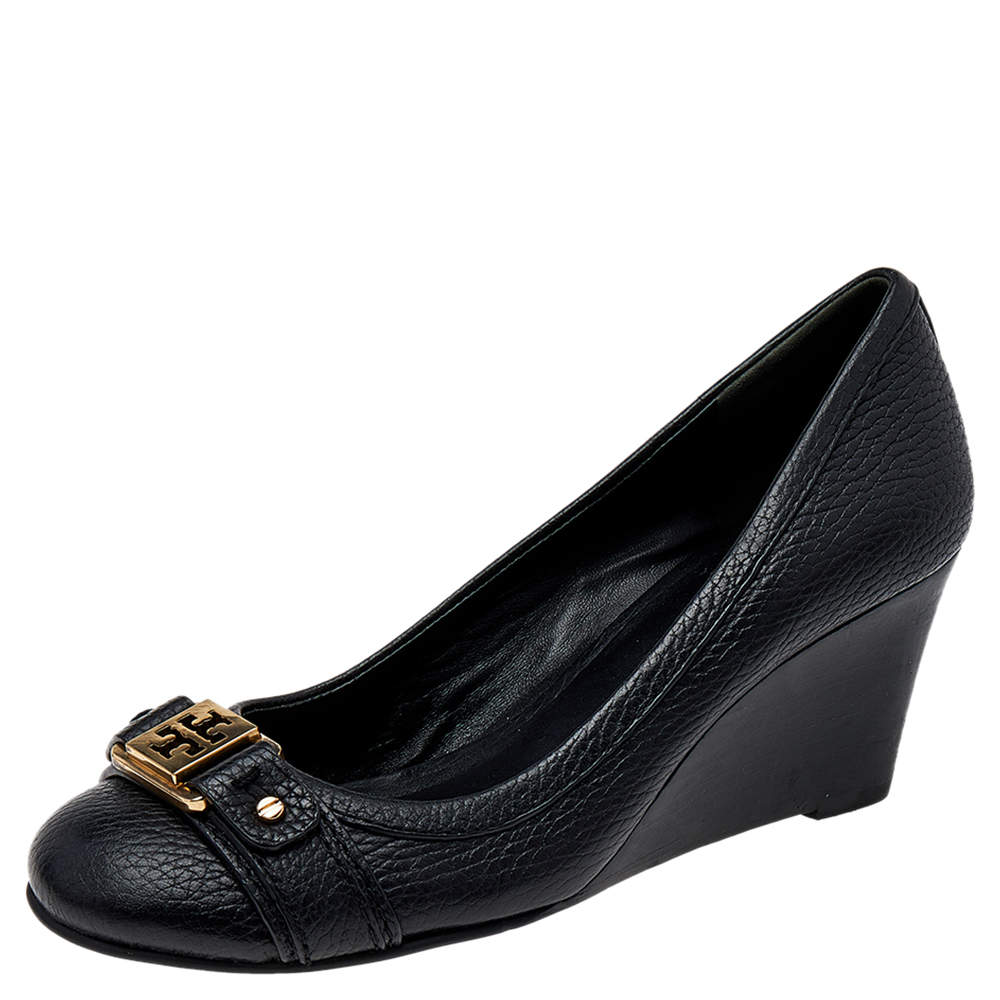 Pre Owned حذاء كعب عالي توري برش كعب روكي جلد أسود مقاس 35