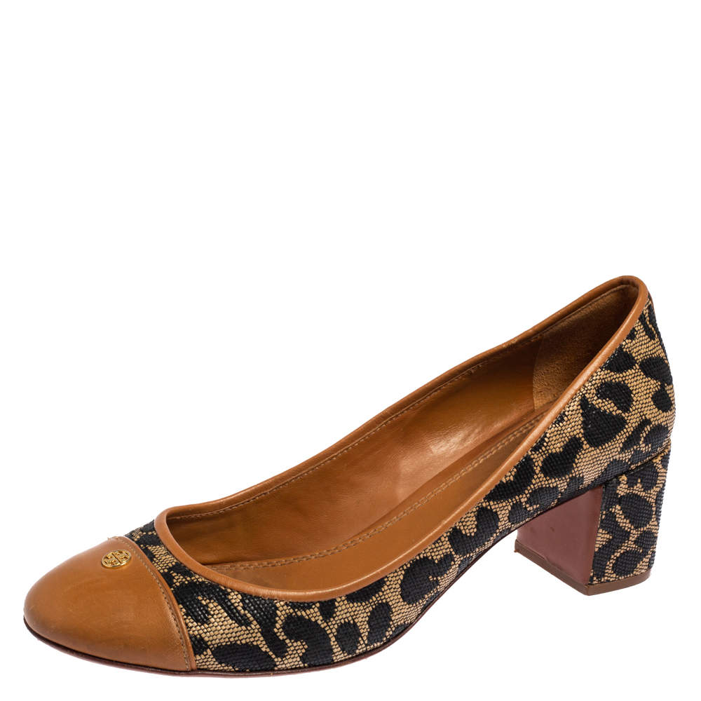 Pre Owned Tory Burch Brown/Beige Leopard Print Woven and Leather Raffia Ethel Block Heel Pumps Size 39